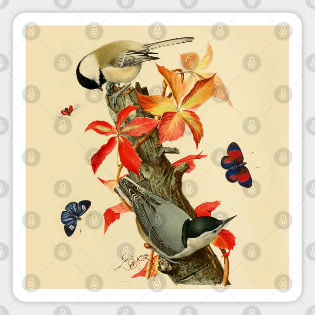 CHICKADEES ,BUTTERFLIES AND LADYBIRD ON A BRANCH WITH RED LEAVES Magnet by BulganLumini